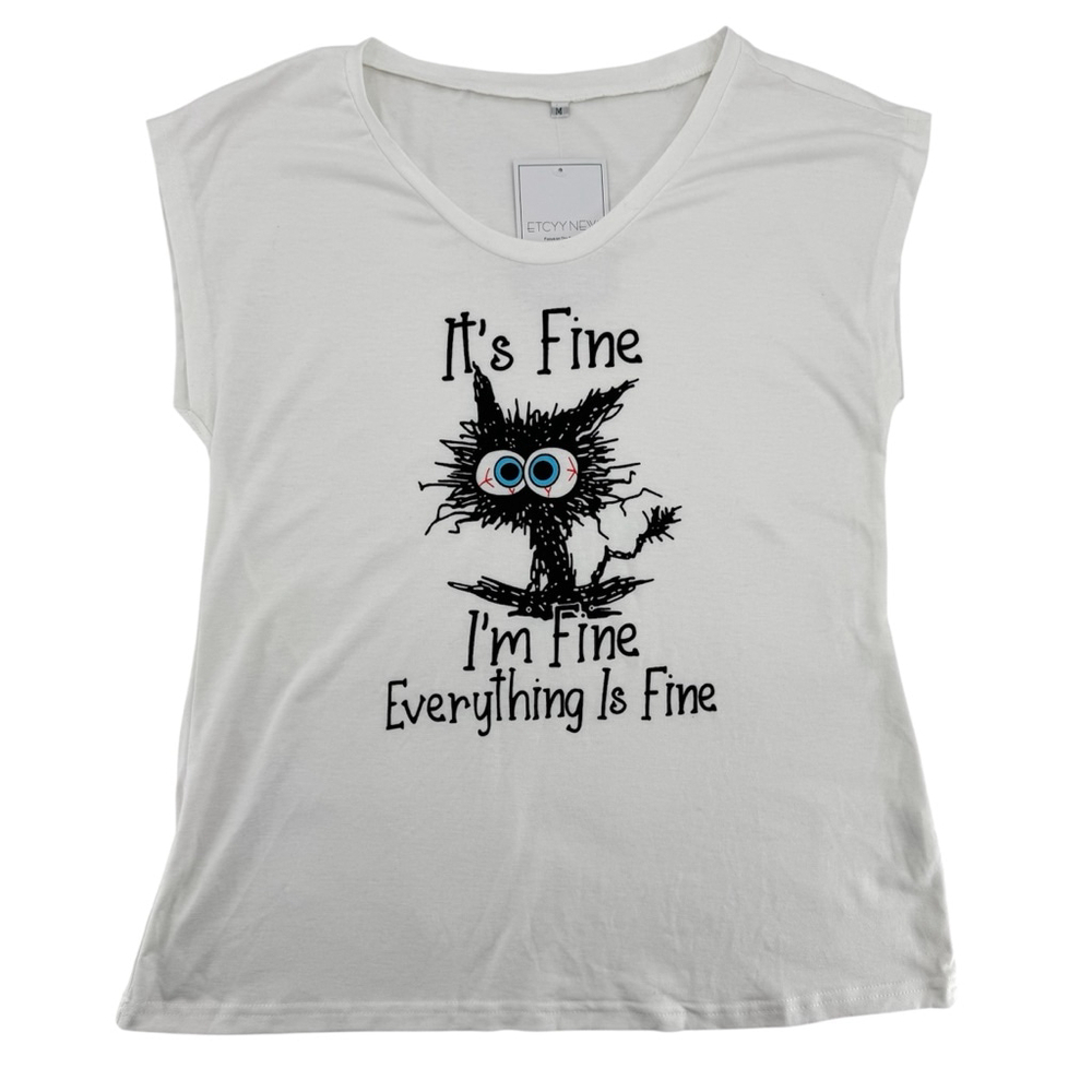 I'm Fine Everything Is Fine Tee Stressed Out Cat Novelty Funny Women's Medium